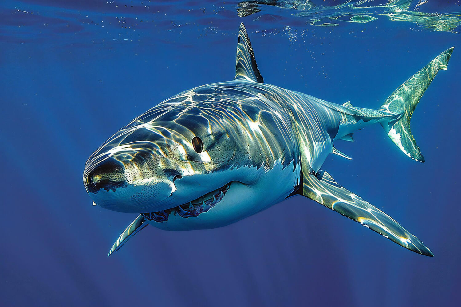 Gefährlicher Weißer Hai unter Wasser mit geöffnetem Maul – Symbolbild für die gefährlichsten Haiarten der Welt