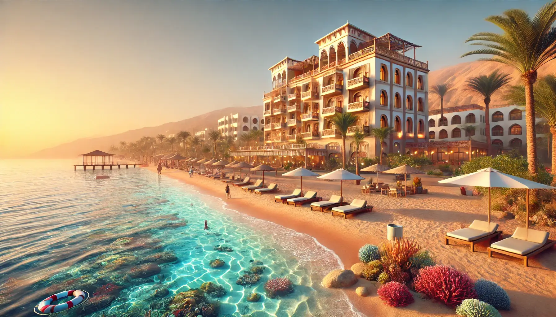 Strandabschnitt in Dahab, Ägypten, vor einem Hotel mit direktem Zugang zu einem Hausriff. Der Sandstrand geht ins kristallklare, türkisfarbene Wasser über, wo das bunte Korallenriff nahe am Ufer sichtbar ist. Im Hintergrund das Hotel mit traditioneller Architektur, Palmen und gemütlichen Liegen unter Sonnenschirmen – ideal für Taucher und Schnorchler, die das Rote Meer erkunden möchten