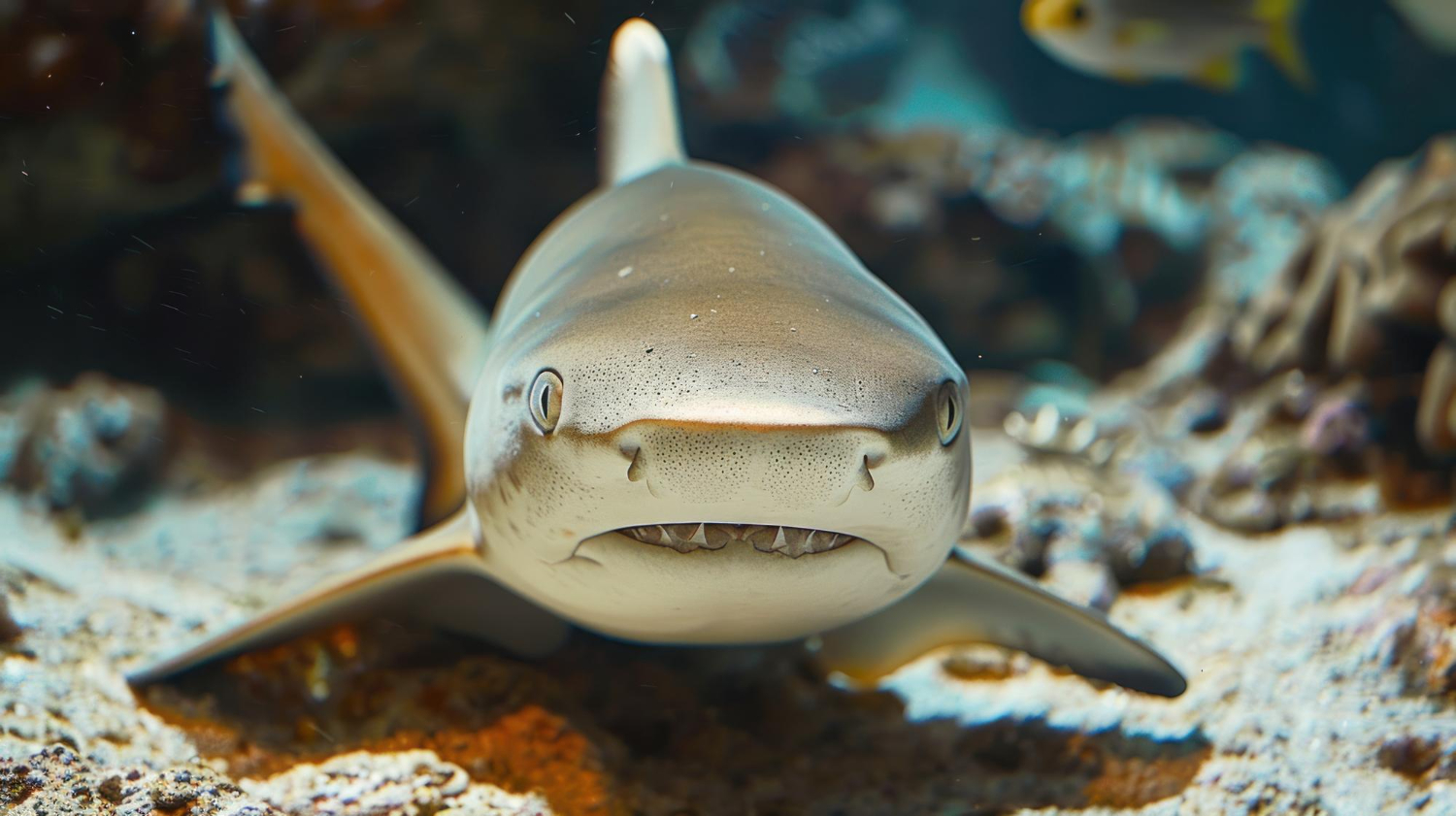 Kleiner Hai sitzt auf dem Meersgrund und bereit sich darauf vor ein Ei zu legen