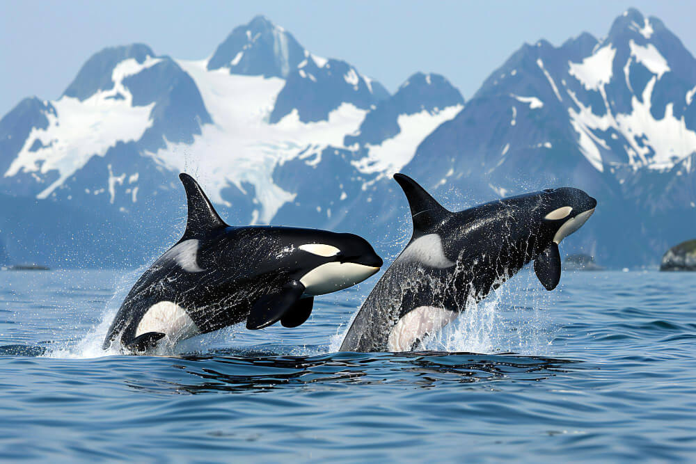 Zwei Orcas springen aus dem Wasser