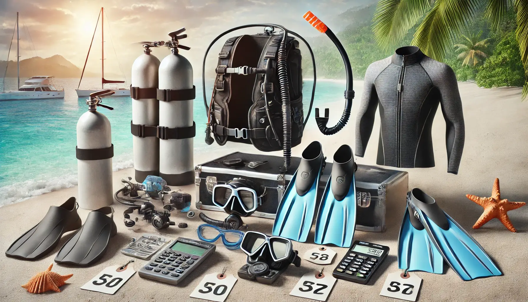 Tauchausrüstung mit Kosten Preisschildern: Maske, Flossen, Tauchcomputer, Atemregler und Tauchtasche am Strand, symbolisch für Kostenplanung