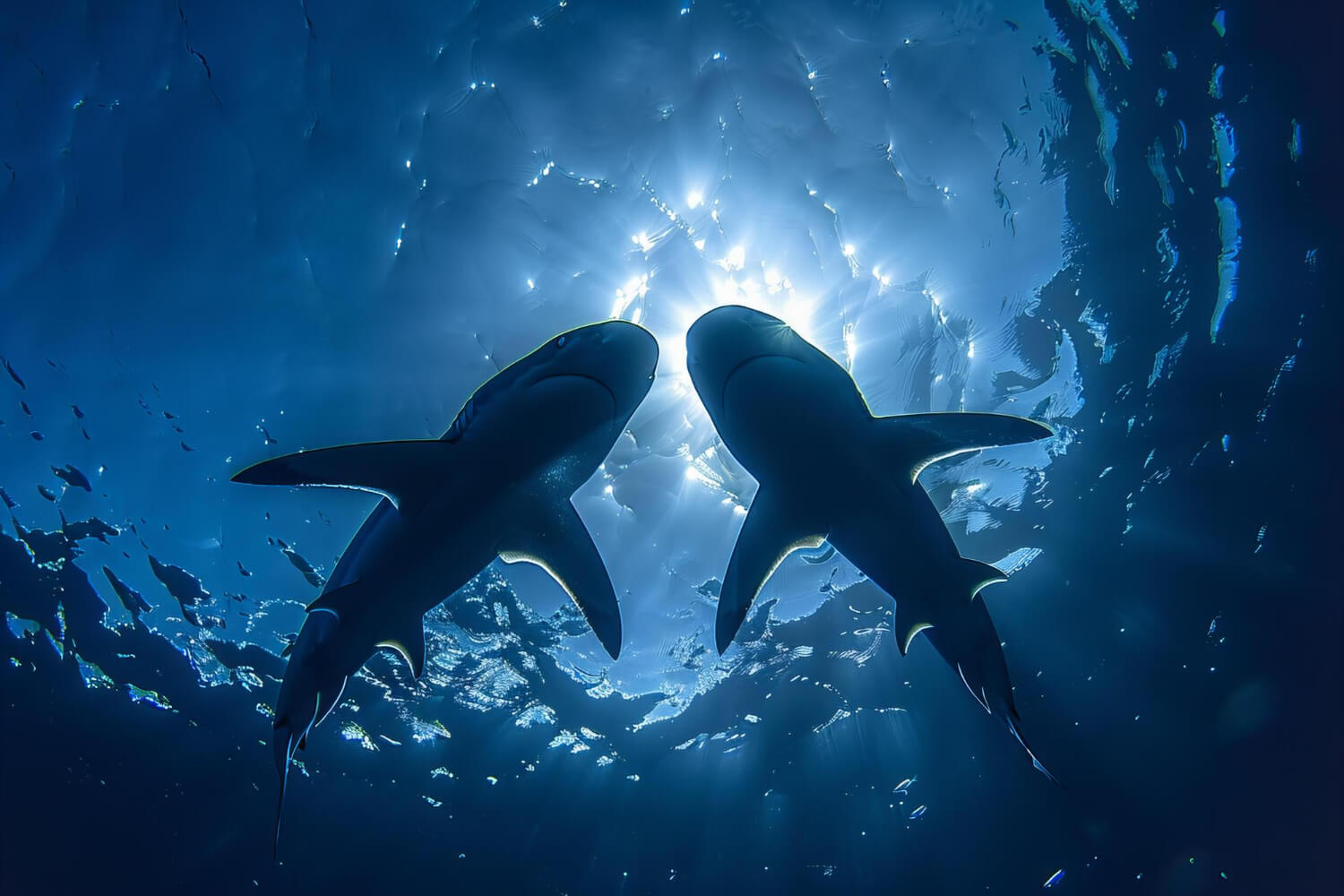 Mehrere Haie unter der Wasseroberfläche auf den Bahamas