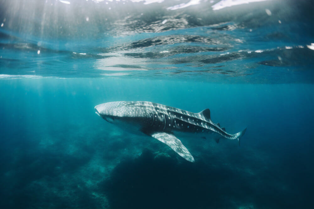 Walhai im blauen Wasser knapp unter der Wasserobefläche