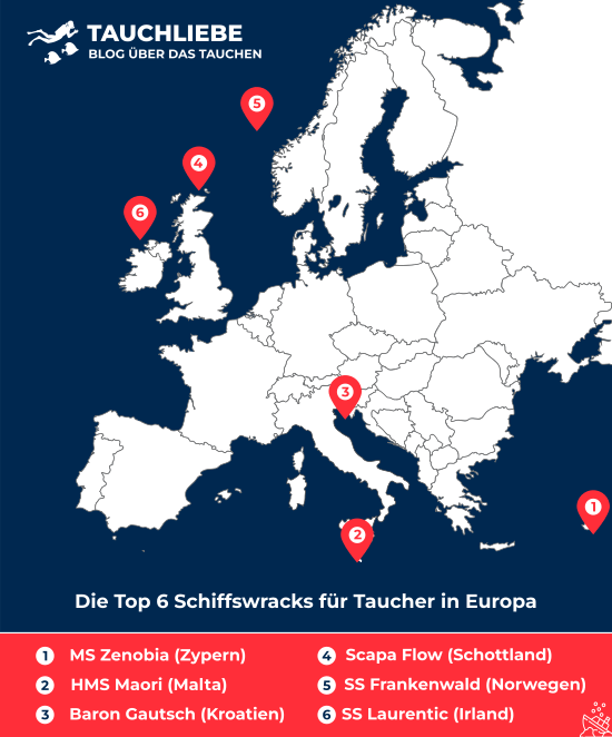 Infografik mit den Top 6 Schiffswracks für Wracktauchen in Europa, markiert auf einer Europakarte: MS Zenobia (Zypern), HMS Maori (Malta), Baron Gautsch (Kroatien), Scapa Flow (Schottland), SS Frankenwald (Norwegen) und SS Laurentic (Irland).