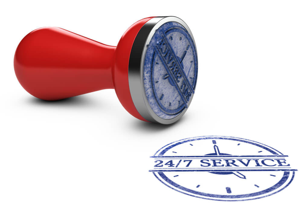 Roter Taucherstempel mit einem witzigen Spruch der 24/7 Service lautet