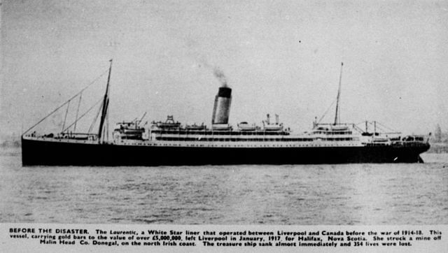 Historische Aufnahme des britischen Dampfschiffs SS Laurentic vor seinem tragischen Untergang.