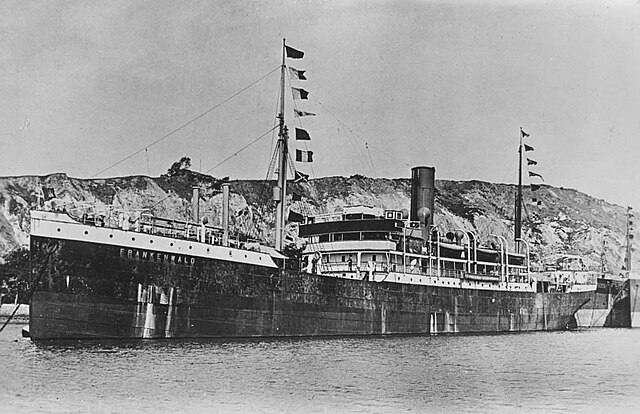 Historisches Foto der SS Frankenwald, eines deutschen Frachtschiffs, das vor Europas Küste unterging.

