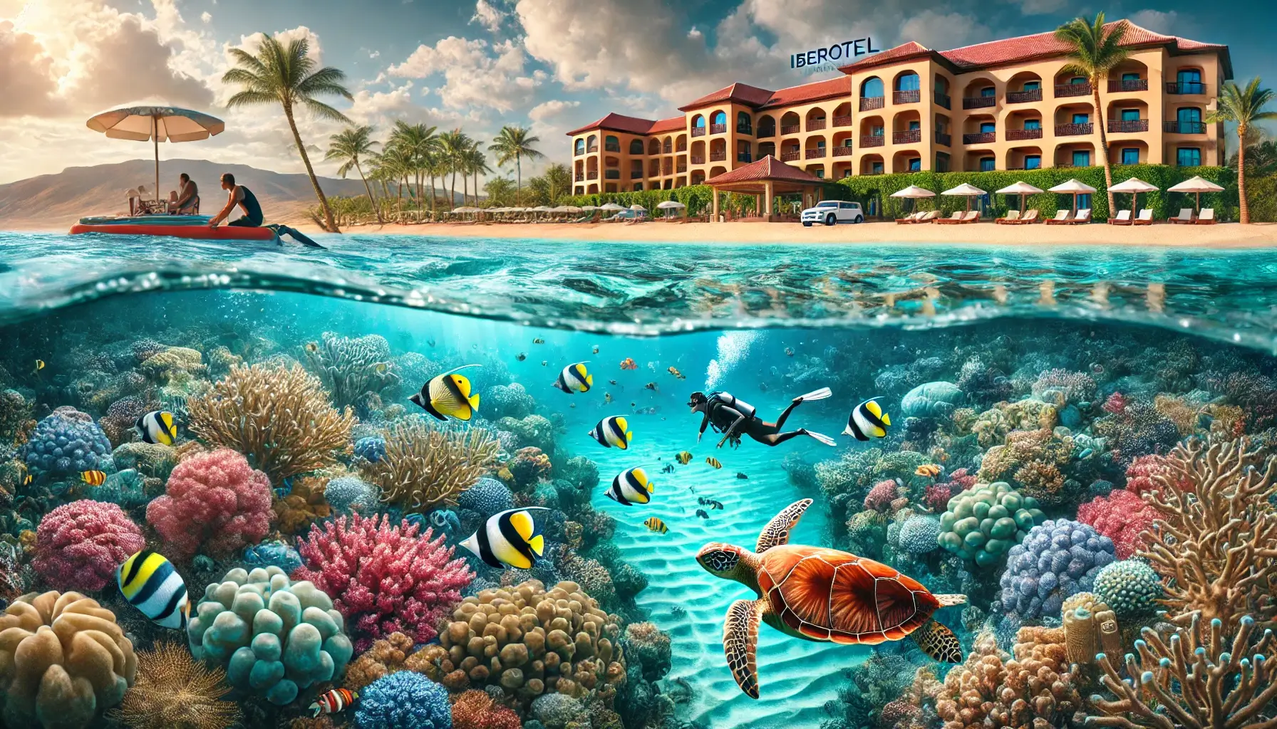 Bildliche Darstellung des Unterwasserwelt des Iberotel Costa Mares Hausriffs in Marsa Alam mit bunten Korallen, tropischen Fischen, einer Meeresschildkröte und einem Taucher. Im Hintergrund das luxuriöse Resort am Sandstrand