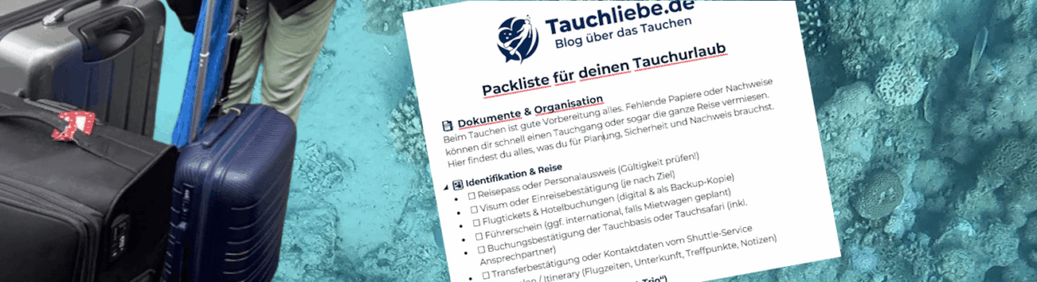 Korallenriff im Hintergrund, davor gepackte Koffer und Auszug der Tauchurlaub Packliste
