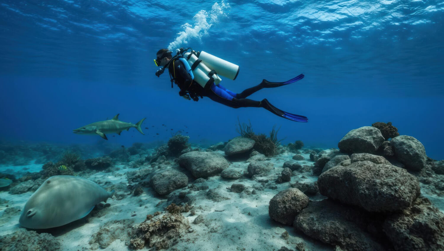 Taucher testet einen Shaker beim Tauchen über mehreren Korallen