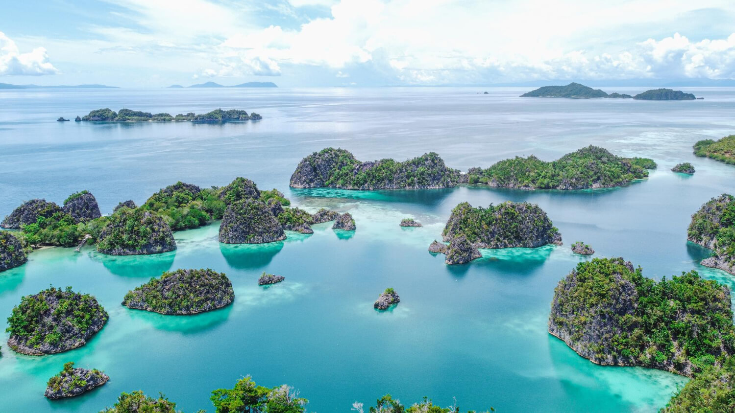 Luftaufnahme von Raja Ampat mit klarem Wasser und grünen Inseln – aufgenommen während der besten Reisezeit zum Tauchen