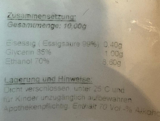 Zusammensetzung Ettikett Taucherohrentropfen: Essigsäure 0,40g Glyercien 1g EThanol 8,6g