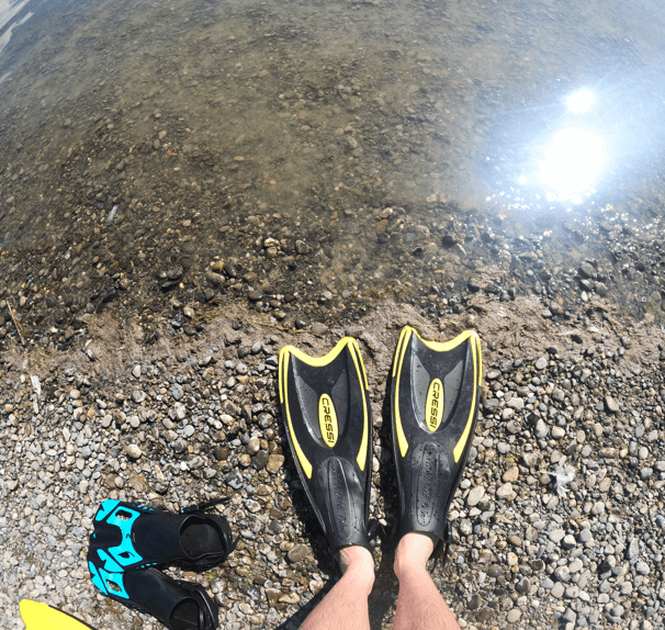 Schnorchler testet schwarz gelbe Flossen am Seeufer