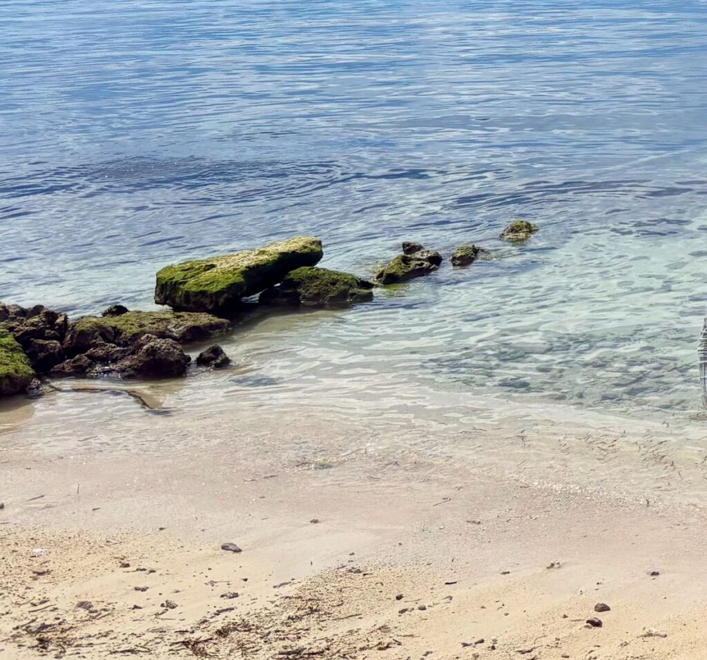 Sandstrand mit Steinen, Felsen und im hinteren Bereich das beginnende scharfe Riff