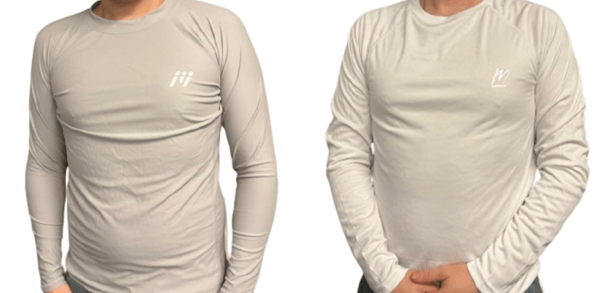 2 Oberkörper der linke trägt enges UV-Shirt, der rechte lockeres UV-Shirt