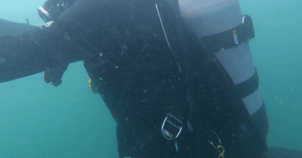 Taucher mit Wing, freie Arme und Schultern beim Einsatz einer Kamera