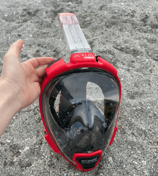 Rote Aria Reef QR+ Schnrochelmaske liegt im Sand am Strand