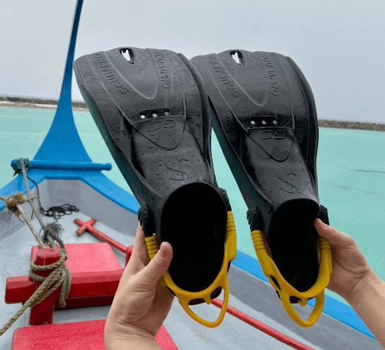scubapro go travel Tauchflossen werden vor dem Test in der Hand auf einem Boot gehalten mit Meer im Hintergrund