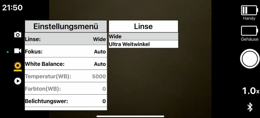 Einstellungsmenü der SeaLife App für Foto- und Videoaufnahmen
