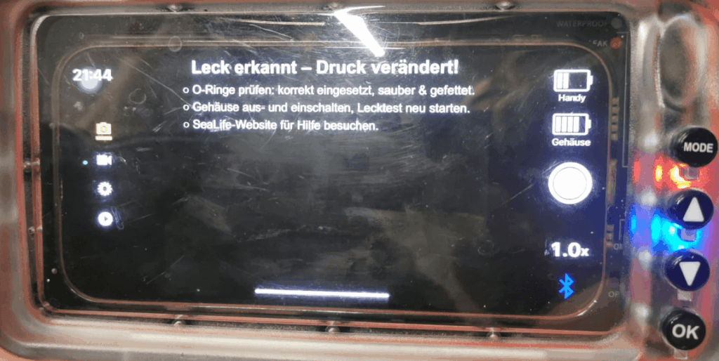 SeaLife App zeigt Warnung bei erkannter Undichtigkeit im Gehäuse