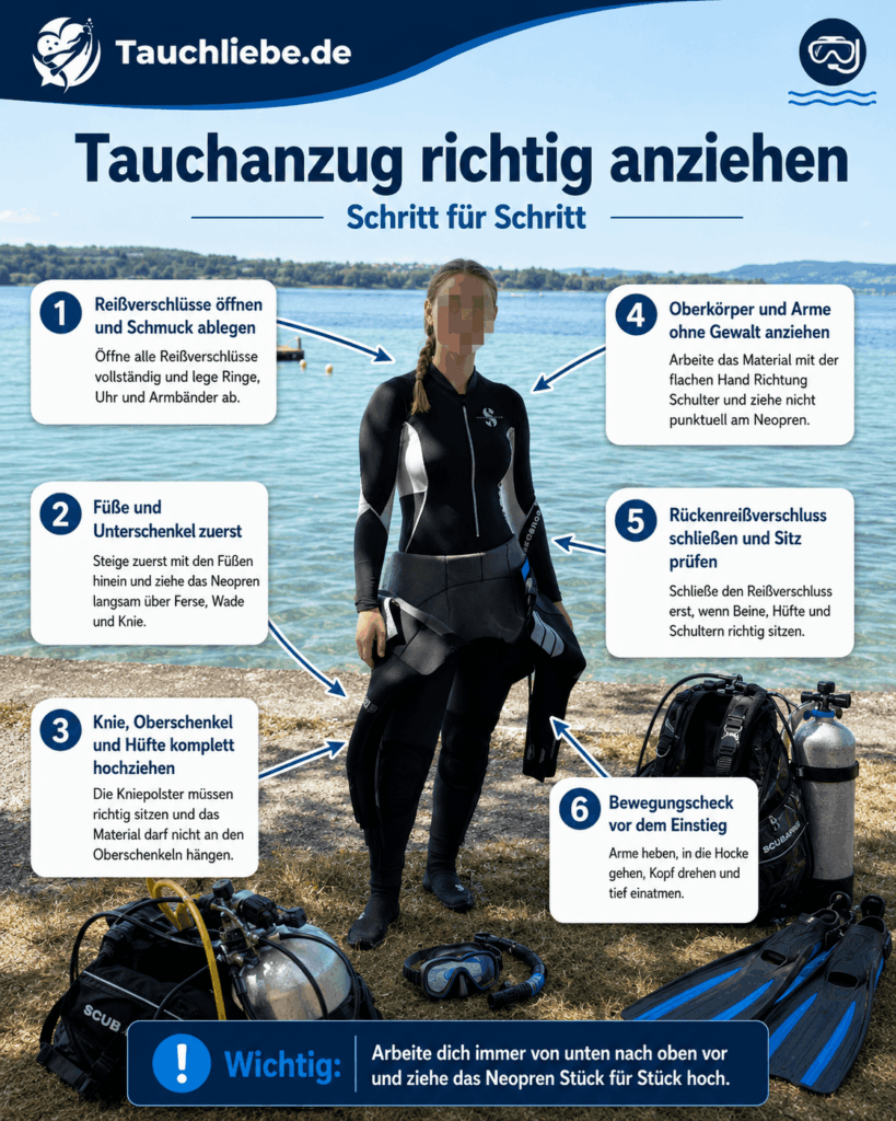 Infografik von Tauchliebe.de zum Thema „Tauchanzug richtig anziehen“ mit Schritt-für-Schritt-Anleitung, Taucherin am See und sechs Tipps zum richtigen Anziehen eines Neoprenanzugs.
