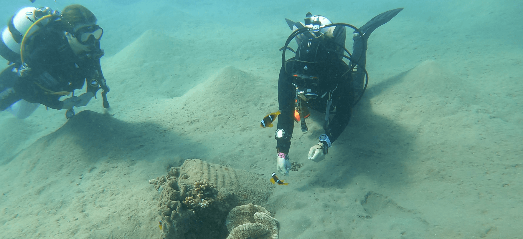 Taucherin trägt unter Wasser eine kompakte Tauchmaske für schmale und kleine Gesichter
