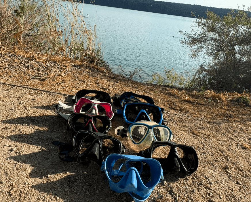 Neun getestete Tauchmasken nebeneinander am Seeufer am Bodensee