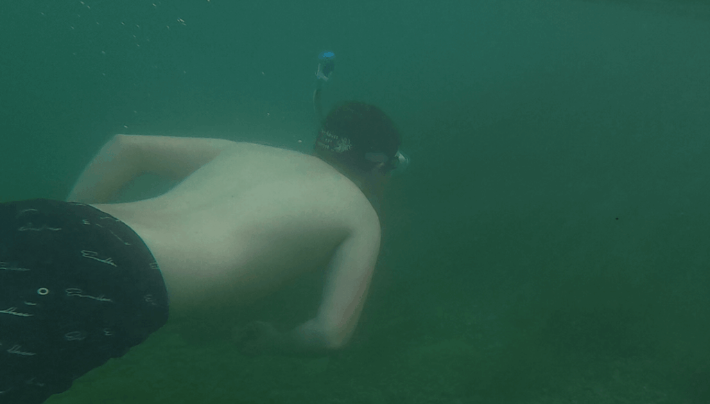 Schnorchelr taucht mit dem Cressi Schnorchel unterwasser ab um Dry-Top Ventil zu testen