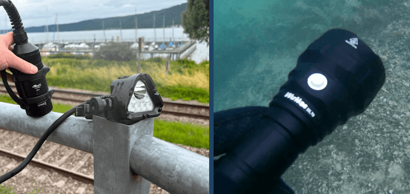 Wurkkos D1 Kanister-Tauchlampe mit separatem Akkutank und Lampenkopf an Land und unter Wasser